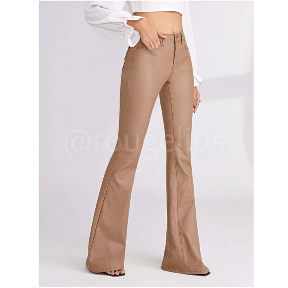 Tan Faux Leather Wax Coated Jeans Flared Leg Bell Bottom High Waist - Picture 3 of 15